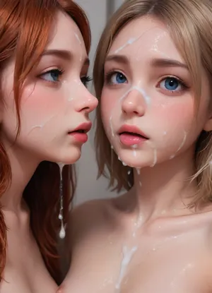 masterpiece, best quality, highly detailed, (anime:1.2), two girls, (one blonde, one redhead), PAUSE, close-up of girls, one girl lying on her back on a bed while the other girl next to her licks her cum-covered tits, breast licking, perfect nipples, pussy juice, slim, athletic, covered in oil, sweaty, gymnast body, (naked), (both girls are both tired and exhausted but feel really satisfied and content sexually, the redhead licks the blonde's tits with tongue, they are still both covered in cum, sweat and pussy juice:1.2), bukkake, cum, cum on lips, cum on, (cum flow:1.9), (cum on body:1.7), cum on hair, (cum on face:1.9), cum on face., <lora:Animated_Concept:1>, <lora:MS_Real_XL_Bukkake:.4>