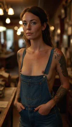 Gorgeous 32-year-old hipster woman wearing denim overalls with no shirt underneath, shopping in an antique store, freckles, light makeup, tattoos, tanlines, medium breasts, rank_9, <lora:MJ52:.8>