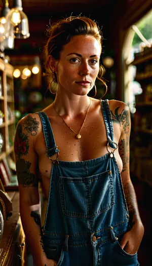 Gorgeous 32-year-old hipster woman wearing denim overalls with no shirt underneath, shopping in an antique store, freckles, light makeup, tattoos, tanlines, medium breasts, rank_9, <lora:MJ52:.8>