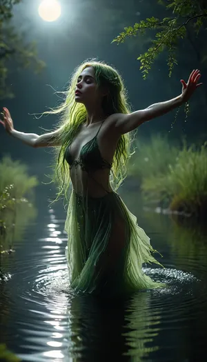 Rating_explicit, ethereal water spirit emerging from a still lake at night, dancing in water, mid-motion, dynamic dance pose, hands up, glowing translucent skin illuminated by moonlight, long glowing green hair, hair made of green water plants and algae, adorned with delicate decorations of twigs, moss, and pondweed, serene expression, nude body, body partially veiled by floating aquatic plants, soft ripples on water, mist rising around her, huge moon, (night, full moon:1.2), enchanting fantasy atmosphere, stars reflected in the lake, cinematic lighting, 8k, ultra detailed, mystical and romantic, D3m0n, D4nc1ng, movement, dancing, portrait, girl, <lora:MJ52:.8>, <lora:Demon_Dancing:.8>, <lora:artfullyXLDANCE_SDXL_V:.8>