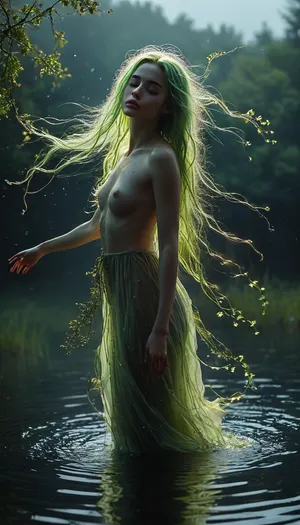 Rating_explicit ethereal water spirit emerging from a still lake at night, dancing in water, mid-motion, glowing translucent skin illuminated by moonlight, long glowing green hair, hair made of green water plants and algae, adorned with delicate decorations of twigs, moss, and pondweed, serene expression, nude body partially veiled by floating aquatic plants, soft ripples on water, mist rising around her, full moon, enchanting fantasy atmosphere, stars reflected in the lake, cinematic lighting, 8k, ultra detailed, mystical and romantic, D3m0n, D4nc1ng, movement, dancing, portrait, girl, <lora:MJ52:.8>, <lora:Demon_Dancing:.8>, <lora:artfullyXLDANCE_SDXL_V:.8>