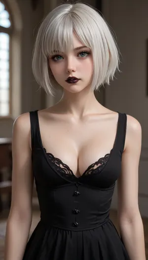 masterpiece, best quality, girl, solo, 21 years old, (white hair), (very short hair:1.4), goth, gothic style, gothic make-up, black lipstick, slender body, (cleavage:1.5), (small)