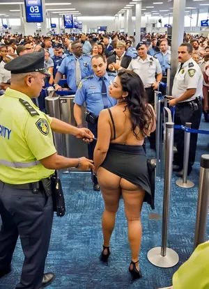 inside a TSA security checkpoint at a busy airport, ((travelers going through a security checkpoint)), cctv footage, high angle, 3/4 view, closeup on a gorgeous chubby fat mature aunty dark brown skin south indian woman gets a cavity search in public airport security checkpoint, metal detector wand, (airport security agents are pulling her clothes off), several fully clothed men stand behind her grabbing her and fondling, ((squeezing her tits hard:1.2)), she's being bent over stripsearched, (she's wearing fitness attire), (the men are wearing airport security attire), fingers inside pussy, she looks very upset, they all look at each other, CCTV, Style, (she has furled brow), (many, hands, caress, a, woman's, body:1), airport, crowd, Airport, undressing, <lora:SDXL-CCTV-Style-Lora:1.2>, <lora:realfilm_xl_v1:1.2>, <lora:JJsAirport_XL:.7>, <lora:undressing_XL_v1:.4>, <lora:clothed_small:.6>