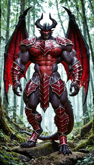 Hyper Mucle, Demon, Black Knight, Demonic Armor, Sleek Armor, Hyper Bulge, Hyper Muscle Growth, Massive Muscles, Massive Quads, Massive Lats, Red Black Armor, Purple Aura, Dark Forest, Night Forest, Black Wings, Red Eyes, Demonic Dragon, Dragon Maw Helmet, Demon King, Dragon King, Dragon Demon, Dragon Knight, Dragon Armor, Demon Armor, Plate Armor, Full-body Armor, menacing, Monstrous, Digitigrade Feet, full body view