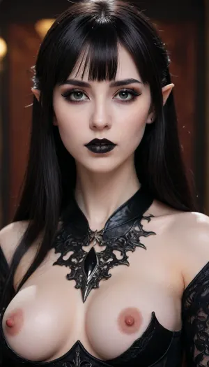 (Melkor Mancin art style), gothic, goth, (asian), pale skin, dark black eyes, black hair, bangs hair, black eyeliner, (black lipstick), white skin, perfect eyes, small eyes, detailed eyes, small nose, good anatomy, ultra detailed, high resolution, fake breasts, slut face, whore, (ahegao:1), sexy posing