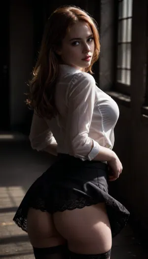 dark alley, professional photography, high quality, artistic, soft, romantic atmosphere, beautiful thin ginger hair woman secretary 18 year old, unbuttoned white shirt, (show bra), show pussy, upskirt, black lace bra, black skirt, no panties, stockings, back view, (((windyskirtlift))), (wind skirt lift), (((wind, lift, tug))), ((windyupskirt)), (((strong wind))), hairy pussy, skirtlift, undressing, <lora:skirtlift_xl:.5>, <lora:add-detail-xl:2>, <lora:dark:.8>, <lora:undressing_XL_v1:2>, sunlight_str1, <lora:sunlight_str1-SDXL_v1-dim64-steps1691:.8>