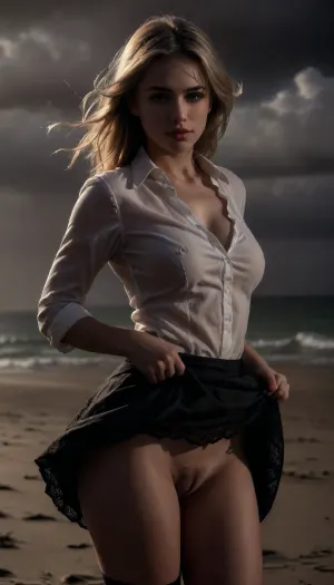 beach, professional photography, high quality, artistic, soft, romantic atmosphere, beautiful thin blonde woman secretary 18 year old, united white shirt, (show bra), show pussy, upskirt, storm, black lace bra, skirt, stocking, (((windyskirtlift))), ((skirt torn off by the wind)), ((skirt inflated by the wind)), (wind skirt lift), (((wind, lift, tug))), (((wind lifring skirt))), ((windyupskirt)), (((strong wind))), hairy pussy, skirtlift, undressing, sunlight_str1, <lora:skirtlift_xl:.5>, <lora:add-detail-xl:2>, <lora:dark:.8>, <lora:undressing_XL_v1:2>, <lora:sunlight_str1-SDXL_v1-dim64-steps1691:.8>
