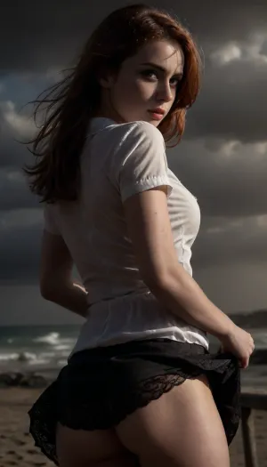 beach, professional photography, high quality, artistic, soft, romantic atmosphere, beautiful thin ginger hair woman secretary 18 year old, united white shirt, (show bra), show pussy, upskirt, storm, black lace bra, skirt, stockings, back view, (((windyskirtlift))), ((skirt torn off by the wind)), ((skirt inflated by the wind)), (wind skirt lift), (((wind, lift, tug))), (((wind lifring skirt))), ((windyupskirt)), (((strong wind))), hairy pussy, skirtlift, undressing, sunlight_str1, <lora:skirtlift_xl:.5>, <lora:add-detail-xl:2>, <lora:dark:.8>, <lora:undressing_XL_v1:2>, <lora:sunlight_str1-SDXL_v1-dim64-steps1691:.8>