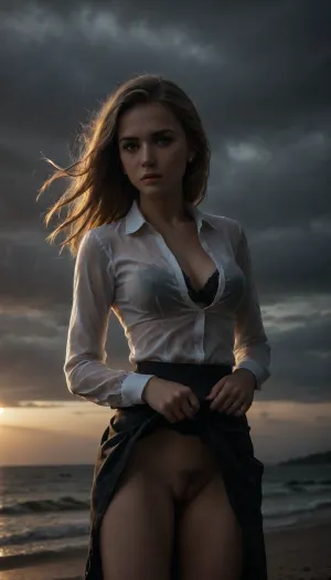 beach, professional photography, high quality, artistic, soft, romantic atmosphere, beautiful thin blonde woman secretary 18 year old, wet, rain, united white shirt, show pussy, upskirt, storm, black lace bra, long skirt, stocking, (((windyskirtlift))), ((skirt torn off by the wind)), ((skirt inflated by the wind)), (wind skirt lift), (((wind, lift, tug))), (((wind lifring skirt))), ((windyupskirt)), (((strong wind))), hairy pussy, side view, skirtlift, undressing, sunlight_str1, <lora:skirtlift_xl:.5>, <lora:add-detail-xl:2>, <lora:dark:.8>, <lora:undressing_XL_v1:2>, <lora:sunlight_str1-SDXL_v1-dim64-steps1691:.8>