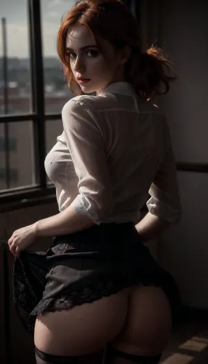 On roof, professional photography, high quality, artistic, soft, romantic atmosphere, beautiful thin ginger hair woman secretary 18 year old, unbuttoned white shirt, show nipples, show pussy, upskirt, black lace bra, lace black skirt, no panties, stockings, back view, (((windyskirtlift))), tug, (((wind, lift, tug))), ((windyupskirt)), (((wind))), hairy pussy, skirtlift, undressing, <lora:skirtlift_xl:.5>, <lora:add-detail-xl:2>, <lora:dark:.8>, <lora:undressing_XL_v1:2>, sunlight_str1, <lora:sunlight_str1-SDXL_v1-dim64-steps1691:.8>