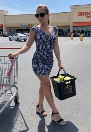 Innocent French mature cougar, in flat sandals and a sexy dress. in the parking lot of the shopping center, is walking and pushing her cart, Sexy legs. Large calf. Very detailed 4H ultra HD iPhone picture