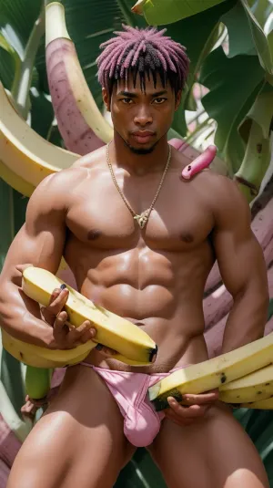 June Pink Just Herbie Goes Bananas D’Angelo Wallace Fundoshi I Mean Devour It Mostly Nibbling Sucking And Whimsy to the scene. He is positioned in the center, surrounded By A Bunch Of bananas that are playfully arranged to look as if they Are Being Devoured By