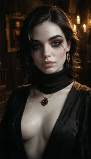 Beautiful slender Eastern European woman, (long straight jet black hair), (angular and refined face with high cheekbones and a narrow nose), full pale lips, (Pale skin:1.8), (Deep set dark brown eyes), (smokey eye makeup), (Wearing somber faded black robes with subtle embroidery, long-sleeved, with a high collar and low soft soled black boot), (A small occult pendant), (reserved expression), (interior dark medieval monestary background), (night:1.6), realistic detailed face, detailed hair, realistic detailed body, realistic detailed skin, realistic detailed saggy breasts, realistic detailed hairy pussy, random view angle, (Calm garceful pose), (looking at viewer), <lora:add-detail-xl:1.5>, <lora:style_lora_realis:.5>, <lora:dark:1>, detailxl