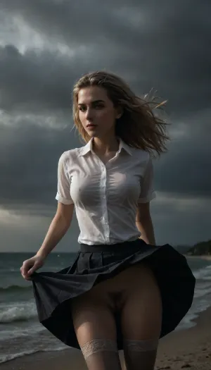 beach, professional photography, high quality, artistic, soft, romantic atmosphere, beautiful thin blonde woman secretary, rain, united white shirt, show pussy, upskirt, storm, long skirt, stockings, (((windyskirtlift))), (((wind lifring skirt))), ((windyupskirt)), (((strong wind))), hairy pussy, undressing, sunlight_str1, <lora:add-detail-xl:2>, <lora:dark:.8>, <lora:undressing_XL_v1:2>, <lora:sunlight_str1-SDXL_v1-dim64-steps1691:.8>