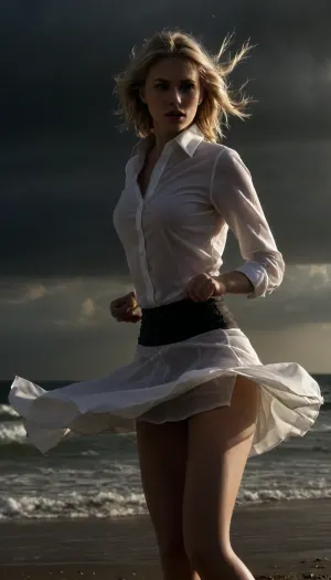 beach, professional photography, high quality, artistic, soft, romantic atmosphere, beautiful thin blonde woman secretary, wet, united white shirt, show panties, upskirt, storm, long skirt, stockings, (((windyskirtlift))), (((wind lifring skirt))), ((Wind)), (((strong wind))), hairy pussy, undressing, sunlight_str1, <lora:add-detail-xl:2>, <lora:dark:.8>, <lora:undressing_XL_v1:2>, <lora:sunlight_str1-SDXL_v1-dim64-steps1691:.8>