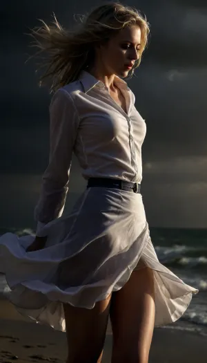 beach, professional photography, high quality, artistic, soft, romantic atmosphere, beautiful thin blonde woman secretary, wet, united white shirt, show panties, upskirt, storm, long skirt, stockings, (((windyskirtlift))), (((wind lifring skirt))), ((Wind)), (((strong wind))), hairy pussy, undressing, sunlight_str1, <lora:add-detail-xl:2>, <lora:dark:.8>, <lora:undressing_XL_v1:2>, <lora:sunlight_str1-SDXL_v1-dim64-steps1691:.8>