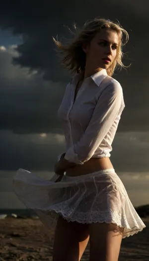 beach, professional photography, high quality, artistic, soft, romantic atmosphere, beautiful thin blonde woman secretary, wet, united white shirt, show panties, lace panties, upskirt, storm, long skirt, stockings, (((windyskirtlift))), (((wind lifring skirt))), ((Wind)), (((strong wind))), hairy pussy, undressing, sunlight_str1, <lora:add-detail-xl:2>, <lora:dark:.8>, <lora:undressing_XL_v1:2>, <lora:sunlight_str1-SDXL_v1-dim64-steps1691:.8>