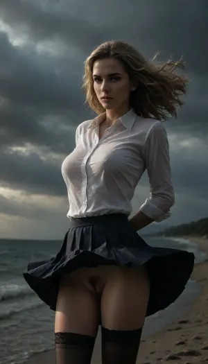 beach, professional photography, high quality, artistic, soft, romantic atmosphere, beautiful thin blonde woman secretary, rain, united white shirt, show pussy, upskirt, storm, long skirt, stockings, (((windyskirtlift))), (((wind lifring skirt))), ((windyupskirt)), (((strong wind))), hairy pussy, undressing, sunlight_str1, <lora:add-detail-xl:2>, <lora:dark:.8>, <lora:undressing_XL_v1:2>, <lora:sunlight_str1-SDXL_v1-dim64-steps1691:.8>