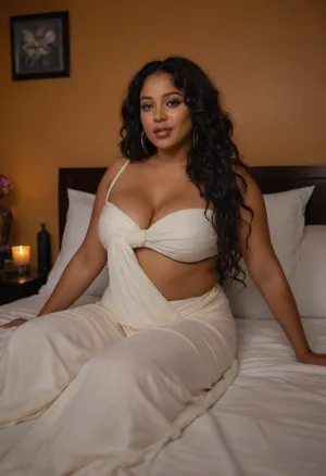 ((sweaty wet oiled skin)), (((curvy thick athletic build 42 year old mixedrace Bengali Algerian woman with wavy long tied hair wearing goddess white saree dress outfit))), in stage performance party in bed house setting, with african tourists holding her at night sweating a lot and getting wet, (uneven skin tone, curvy athletic body), jewelries magazine title cover page, sweaty wet skin covered in flowers and milk and cuddle, (((sexual pose with African husband edition)))