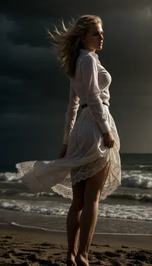 beach, professional photography, high quality, artistic, soft, romantic atmosphere, beautiful thin blonde woman secretary, wet, united white shirt, show panties, lace panties, upskirt, storm, long skirt, stockings, (((windyskirtlift))), (((wind lifring skirt))), ((Wind)), (((strong wind))), undressing, back view, sunlight_str1, <lora:add-detail-xl:2>, <lora:dark:.8>, <lora:undressing_XL_v1:2>, <lora:sunlight_str1-SDXL_v1-dim64-steps1691:.8>