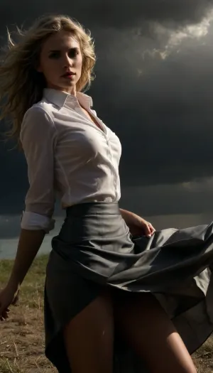 beach, professional photography, high quality, artistic, soft, romantic atmosphere, beautiful thin blonde woman secretary, unbuttoned white shirt, bra, show pussy, upskirt, storm, long skirt, (((windyskirtlift))), (((wind lifting skirt))), ((Wind)), (((strong wind))), hairy pussy, undressing, sunlight_str1, <lora:add-detail-xl:2>, <lora:dark:.8>, <lora:undressing_XL_v1:2>, <lora:sunlight_str1-SDXL_v1-dim64-steps1691:.8>