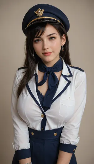 Tifa lock hart, A portrait of a female flight attendant standing confidently against a plain beige background. She has a bright smile and friendly expression, with neatly styled hair adorned by a blue hat. Her attire is a fitted dark blue uniform dress that highlights her professional demeanor, complemented by a matching neck scarf. Accessories include a name badge attached to her uniform, full sleeves, a blue bracelet, and sheer black tights. The lighting is soft, highlighting her facial features while maintaining a polished look. The composition is centered, emphasizing her pose and attire, creating a portrait that exudes professionalism and approachability, curvy body, huge natural breasts, breasts covered.