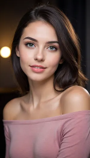 ziprealism, (adorable young woman, perfect eyes:1.3), (feminine beauty, medium closeup, sharp focus, focus on eyes), (cute girlfriend, sense of vulnerability, intimate esthetic, soft shy smile, bashful pose, relaxed posture:1.5), (flawless skin, pale alabaster skin), soft blush, (glossy black hair, long hair, center part hair:1.2), (round face, heart shaped face, subtle makeup, long eyelashes), (relaxed oversized t-shirt, off the shoulder), minimalist composition, textured dark charcoal grey studio background, subtle vignette, (dramatic cinematic lighting:1.2), strong key light illuminating the face, soft rim light creating separation, deep contrasting shadows, shot on Sony A7R IV with 85mm f/1.4 lens, shallow depth of field, bokeh background, professional color grading, RAW photo quality, striking visual contrast