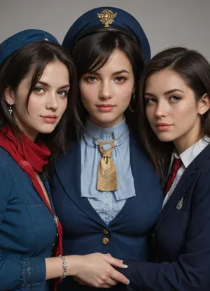 Beautiful Samus Aran, tifa lock hart, Cortana, 3 girls standing side by side, 3 girls similar still, portrait of female flight attendants standing confidently against a plain beige background. She has a bright smile and friendly expression, with neatly styled hair adorned by a blue hat. Her attire is a fitted dark blue uniform dress that highlights her professional demeanor, complemented by a matching neck scarf. Accessories include a name badge attached to her uniform, full sleeves, a blue bracelet, and sheer black tights. The lighting is soft, highlighting her facial features while maintaining a polished look. The composition is centered, emphasizing her pose and attire, creating a portrait that exudes professionalism and approachability, curvy body, huge natural breasts, breasts covered.