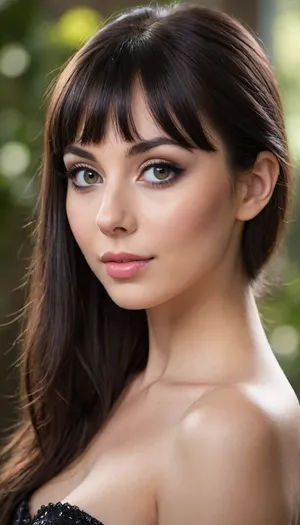 ziprealism, (medium closeup shot, sharp focus, focus on, eyes perfect eyes), (adoring girlfriend, sense of playfulness, intimate esthetic, mischievous eyes, charismatic), (flawless skin, pale alabaster skin, soft blush), (glossy black hair, very long hair, bangs hair cut, hair framing face, stray hair:1.4), (round face, heartshaped face, soft face, large doe eyes, subtle makeup, defined cheekbones, long eyelashes, glittering eyes, adorable dimples:1.5), (tight dress, flattering dress, strapless dress, cleavage, nipple slip, pale breasts:1.2), minimalist composition, textured dark charcoal grey studio background, shallow depth of field, bokeh background, professional color grading, RAW photo quality, striking visual contrast