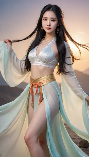 best quality, masterpiece, HD, Ultra realistic, extremely detailed face, china goddess, slim tall body, tinny cone-shaped breasts, light colored nipples, slightly exposed pussy, silk veil, transparent silk hanfu, colorful sky, long hair, straight hair, shining black hair, nude body shillouette, white skin, soft skin, colorful background, angelic vibes, jewelry, earrings, necklace, bracelets, slash, aurora, seductive pose, open legs, levitating, flying, dynamic angle, shadow from all direction, strong backlight