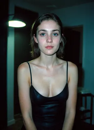 (nighttime), (no ambient light), (single harsh flash from the camera), (overexposed flash highlights on subject), (sharp shadows behind and around her), (noise in all darker areas), (wet surfaces reflecting small highlights), (flat lighting due to direct flash), (cool white balance:1.3), (cyan-tinted shadows from digital camera sensor), (fluorescent-like artificial lighting tint), (background remains visible due to flash, but lacks blur or depth separation), (realistic dark environment with high flash contrast), (full body), (scene "Myspace"), (2000s), (90s digital aesthetic), (flat chested), (low quality photo), (old camera), (flash photo), (gritty), (realistic environment), (analogic style), (film grain), (low contrast), (unfiltered), (jpeg artifacts), (unedited), (cellphone photography), (no ambient lighting), (lights off), (Polaroid flash camera), (cool indoor lighting), (direct flash photography), (overexposed flash), (strong shadows), (sharp shadows), (low contrast:2), (noise in dark areas), (shiny reflections on surfaces), (sharp background), (background in focus), (no background blur), (clear background details), (fluorescent lighting tint), (cyan-tinted shadows), (artificial lighting with cyan hue), (Scene-Queen), (optional), (Myspace), (picture), (bad quality), (old digital camera), (raw), (light leak), (low res), (low quality), (90s style), (80s), (analogic), (1990s)