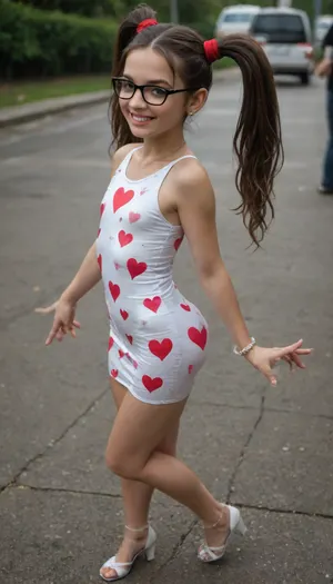 Amazing photography, 8k, highest quality, high angle, 18 years old, detailed face, insanely hot face, Young girl, slim body, lots of makeup, smokey eye shadow, ribbons in her hair, nerdy glasses, detailed sexy legs, small perky tits, ((skin tight micro dress, very short silky dress, white micro dress, heart print)), long gorgeous hair, beautiful smug brunette, (big twintails), headband, big smile, barefoot, elegant open toe strap heels, ankle bracelet, side view, one foot up behind her, cute little butt, gorgeous young face, youthful, at the park, flowers, necklace, happy and excited, (full body), close up, (dancing), raining, wet skin, wet low back dress, wet hair, elegant toes