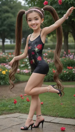 Amazing photography, 8k, highest quality, really low upskirt angle, 18 years old, Scandinavian, detailed face, insanely hot face, Young girl, slim body, lots of makeup, smokey eye shadow, ribbons in her hair, nerdy glasses, detailed sexy legs, small perky tits, ((skin tight micro dress, very short micro dress, printed micro dress)), long gorgeous hair, beautiful, (big twintails), headband, big smile, barefoot, elegant open toe strap heels, ankle bracelet, one foot up behind her, visible cute little butt, gorgeous young face, youthful, at the park, flowers, necklace, happy and excited, (full body), really close up, (dancing), raining, wet skin, (low back, side slit, strap dress), wet hair, (bold eyebrows), (visible panties and cameltoe), spreading legs