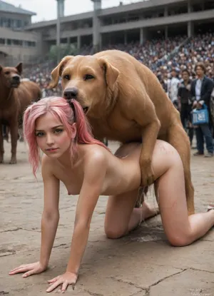 girl, defeated, wounded, forced, sexy, blush, perfect makeup, beautiful face, perfect smile, intricate details, perfect face, extreme details, nude, (long ponytails), sex from behind, sweaty, glistening skin, slim waist, wide hips, bend over, on all fours, ass up, on the floor, ((small breasts:1.4)), pink hair, cleavage, (scratch marks on body:1.3), from behind, cum on ass, ejaculation, cum on the ground, (thick cum puddles:1.4), canine doggystyle, K9, Golden Retriever fucking girl from behind, massive knotted penis, (anal stretching:1.2), ((zoophilia:1.5)), crowd of people, ((classroom)), ((photorealistic:1.7)), ((hyperrealistic:1.4)), Belle, Delphine, 1girl, long, hair, brown, eyes, breasts, <lora:SDXLHighDetail_v6-000005:.2>, <lora:SDXLFaeTastic2400:.3>, <lora:DI_belle_delphine_sdxl_v1:1.6>, <lora:Belle_Delphine:.3>