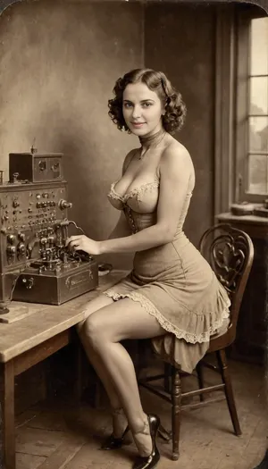 slim body woman, Beautiful telephone operator in the late 1800s is working at a switch station, cleavage is showing, walls are full with telephone switches, sits on the desk, uncrossed legs, feet on the desk, perfect face, perfect eyes, she has a happy face, barnumatelier, portrait, art, fullbody, torso, perfect legs, white old model of panties, sepia, victorian, dress, Albumen, Print, page, <lora:old_world:.5>, <lora:BarnumAtelier-SDXLa:.9>, <lora:Omnia_Daily_Life-000005:.8>, <lora:victorian_dress-XL-2.0:.5>