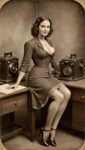 slim body woman, Beautiful telephone operator in the late 1800s is working at a switch station, cleavage is showing, walls are full with telephone switches, sits on the desk, uncrossed legs, feet on the desk, perfect face, perfect eyes, she has a happy face, barnumatelier, portrait, art, fullbody, torso, perfect legs, white old model of panties, sepia, victorian, dress, Albumen, Print, page, <lora:old_world:.5>, <lora:BarnumAtelier-SDXLa:.9>, <lora:Omnia_Daily_Life-000005:.8>, <lora:victorian_dress-XL-2.0:.5>