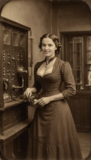 slim body woman, Beautiful telephone operator in the late 1800s is working at a switch station, cleavage is showing, walls are full with telephone switches, perfect face, perfect eyes, she has a happy face, barnumatelier, portrait, art, fullbody, torso, sepia, victorian, dress, Albumen, Print, page, <lora:old_world:.5>, <lora:BarnumAtelier-SDXLa:.9>, <lora:Omnia_Daily_Life-000005:.8>, <lora:victorian_dress-XL-2.0:.5>