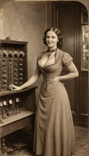 slim body woman, Beautiful telephone operator in the late 1800s is working at a switch station, cleavage is showing, walls are full with telephone switches, perfect face, perfect eyes, she has a happy face, barnumatelier, portrait, art, fullbody, torso, sepia, victorian, dress, Albumen, Print, page, <lora:old_world:.5>, <lora:BarnumAtelier-SDXLa:.9>, <lora:Omnia_Daily_Life-000005:.8>, <lora:victorian_dress-XL-2.0:.5>