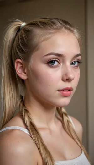 beautiful blonde 18 years old with ponytails woman, lewddungeon, background walls, <lora:tiedbreastsblue_XL_reg0_:.5>