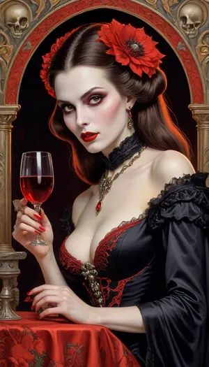 Art Nouveau style, a woman Looks like a vampire queen, ((Art Nouveau ornament of skulls, flowers, spiders)), (((drinks wine))), (((Dracula's, two long sharp fangs))), (((vampire queen with red eyes))), novuschroma, style, Ivan, Bilibin, Style, page, <lora:124_novuschromaSXL_a4:.8>, <lora:Ivan Bilibin Style:.8>