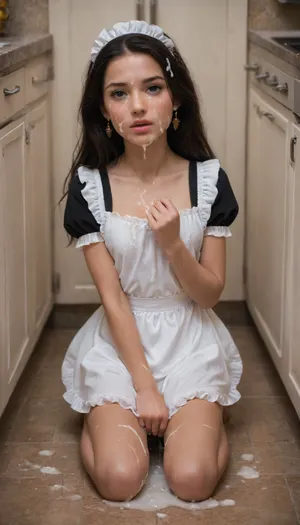 (Disney's Pocahontas), (young:1.6), well tanned skin, french maid outift, kneeling on kitchen floor, covered in excessive cum, cum covered face, woman, cum, on, face, maid, <lora:JustCum:2>, <lora:754990_training_data:2>, <lora:xl_cute_maid_dress-1.0:2>