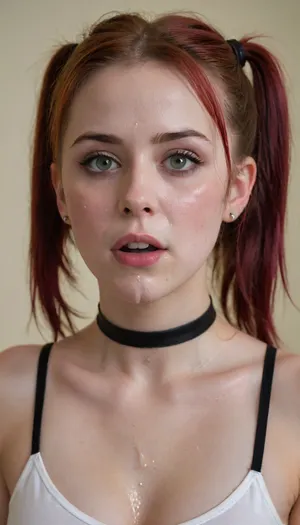 A young 18 year old gothic girl covered in cum, neoteny, cute girl, perfect smooth skin, jewish, unblemished complexion, Masterpiece, cute, dark red hair, pigtails, choker, tank top, cleavage, (cum in hairexpressive facial expressions, cleav:1.4), age, green eyes, p shot on a Sony a7III --style raw, covered in cum, (masterpiece), high resolution, realistic, best quality, best lighting, bukkake, cum pooled in mouth, cum drool, cum dripping out of mouth, cum in hair, (8k, RAW photo, best quality, masterpiece:1.2), (realistic:1.3), (photorealistic:1.3), ultra-detailed, (high detailed skin:1.2), 8k uhd, dslr, soft lighting, high quality, film grain, Fujifilm XT3, beautiful lighting, woman, cum, on, face, <lora:JustCum:.9>