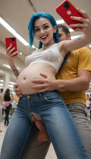 8k, uhd, high quality, pregnant white girl, jinx, surprised smile, mouth agape, fucking from behind by clothed young male seller, (standing anal sex:1.3), ((visible anal penetration)), (shooting selfie on red iphone), grab belly, (erect nipples:1.2), (transparent white crop top:1.2), jeans skirt, skinny, knee high boots, (seller wear yellow shirt, grey pants, sellers pants opened), big mall, crowd, perfect correct anatomy fingers, (view from below:1.4)