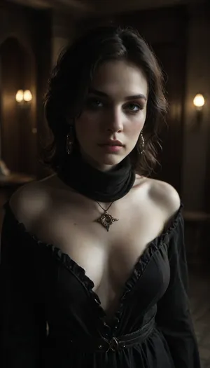 Beautiful slender Eastern European woman, (long straight jet black hair), (angular and refined face with high cheekbones and a narrow nose), full pale lips, (Pale skin:1.9), (Deep set dark brown eyes), (smokey eye makeup), (Wearing somber faded black robes with subtle embroidery, long-sleeved, with a high collar and low soft soled black boot), (A small occult pendant), (reserved expression), (interior dark medieval monestary background), (night:1.6), realistic detailed face, detailed hair, realistic detailed body, realistic detailed skin, realistic detailed saggy breasts, realistic detailed hairy pussy, random view angle, (Calm garceful pose), (looking at viewer), <lora:add-detail-xl:1.5>, <lora:style_lora_realis:.5>, <lora:dark:1>, detailxl