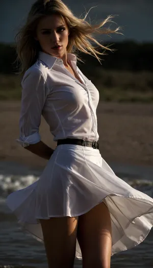 beach, professional photography, high quality, artistic, soft, romantic atmosphere, beautiful thin blonde woman secretary, wet, united white shirt, show panties, upskirt, storm, long skirt, stockings, (((windyskirtlift))), (((wind lifring skirt))), ((Wind)), (((strong wind))), hairy pussy, undressing, sunlight_str1, <lora:add-detail-xl:2>, <lora:dark:.8>, <lora:undressing_XL_v1:2>, <lora:sunlight_str1-SDXL_v1-dim64-steps1691:.8>
