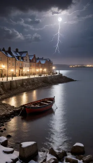 A small bay in the north Sea, a rocky shore separates the smooth water from a small fishing village, old lanterns illuminate the evening marina, a small fishing boat enters a snow-covered port, clouds are gathering in the sky, illuminated by the moonlight, Lightning flashes far away, ((accidentally:2))