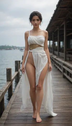The beautiful Korean woman walked on the, (pier:1.3), wearing only a, (sari:1.5), with, (no panties:1.5)