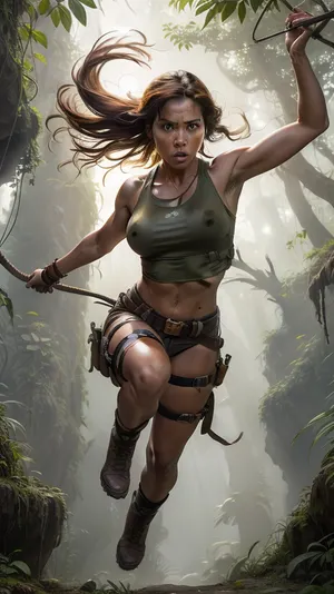 (masterpiece, photorealistic, high detail, cinematic lighting), a daring female adventurer mid-leap over a collapsing rope bridge suspended above a deep jungle canyon. She's wearing a dirt-stained explorer outfit – tactical shorts, ripped tank top, leather boots, with a coiled whip at her side and a golden relic strapped to her hip. Her expression is focused and fierce, hair flying in the wind. Below, broken wooden planks and vines dangle dangerously. The background features towering jungle trees and distant ruins barely visible through morning mist. A booby trap of poison darts has just fired behind her, visible in mid-air. The only bright color in the scene is the **deep orange of the rising sun**, casting warm light through the canopy and highlighting her silhouette and toned physique. Epic tension, motion, and beauty – inspired by Indiana Jones and Tomb Raider.