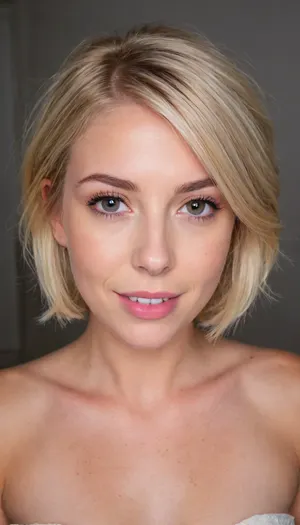ziprealism, (medium closeup shot, sharp focus, focus on eyes, perfect eyes:1.2), (adoring girlfriend, sense of playfulness, intimate esthetic, mischievous eyes, charismatic, loving gaze), (subtle freckles, soft blush), (ash-blonde hair, short cut hair, swept-back hairstyle, voluminous hair, stray hair:1.6), (round face, heart-shaped face, soft face, large doe eyes, subtle makeup, long eyelashes, adorable dimples:1.5), (casual dress, cleavage, narrow waist, wide hips:1.4), shallow depth of field, bokeh background, RAW photo quality, striking visual contrast, (overexposed:.4), <lora:Rawfully Stylish v0.2_epoch_20:.1>
