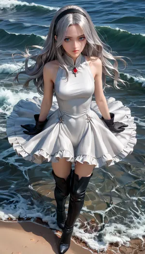 High Quality, Carlotta from Wuthering Waves, slender body, Medium breasts, long Silver hair, greyish blue eyes, red and black hairband, White Sleeveless Dress, Red Shoal, thigh-high black boots and bold black stockings, Above view, (((Long Silver Hair:1.5))), Carlotta, def, white, dress, 1girl, thighhighs, long, silver, hair, black, footwear, gloves, <lora:Carlotta-noob-Tanger:.8>